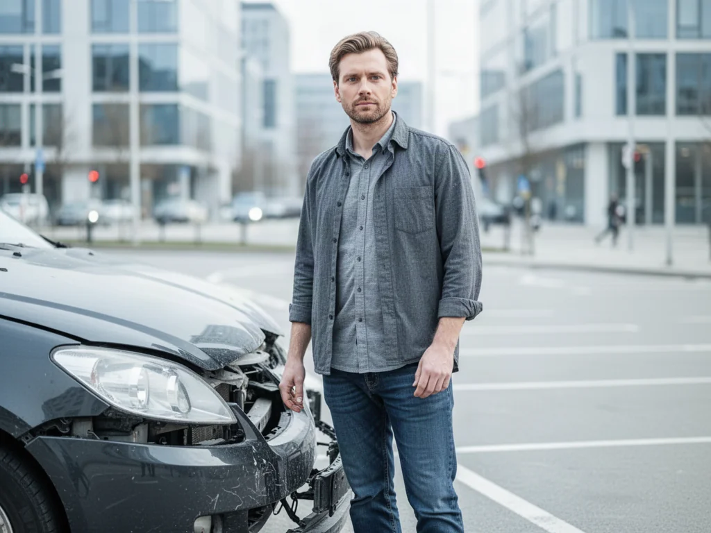 Mężczyzna oglądający uszkodzony zderzak samochodu na parkingu po kolizji drogowej.