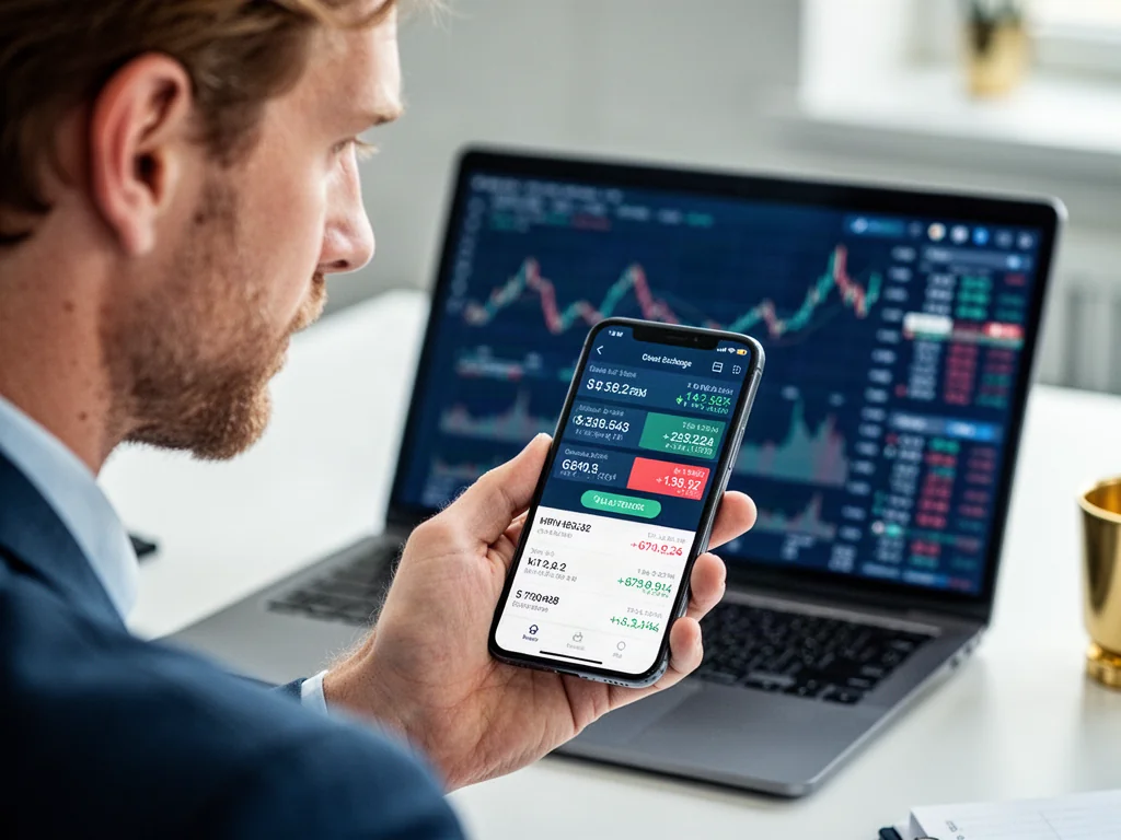 Mężczyzna trzymający smartfon z aplikacją do przeliczania walut na tle wykresów finansowych w biurze.