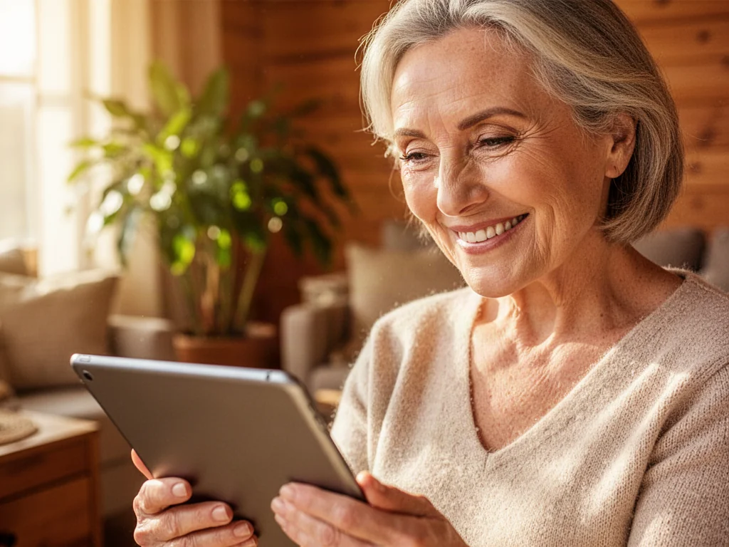 Uśmiechnięta seniorka z satysfakcją przegląda tablet w przytulnym salonie, ciesząc się stabilnością finansową na emeryturze.