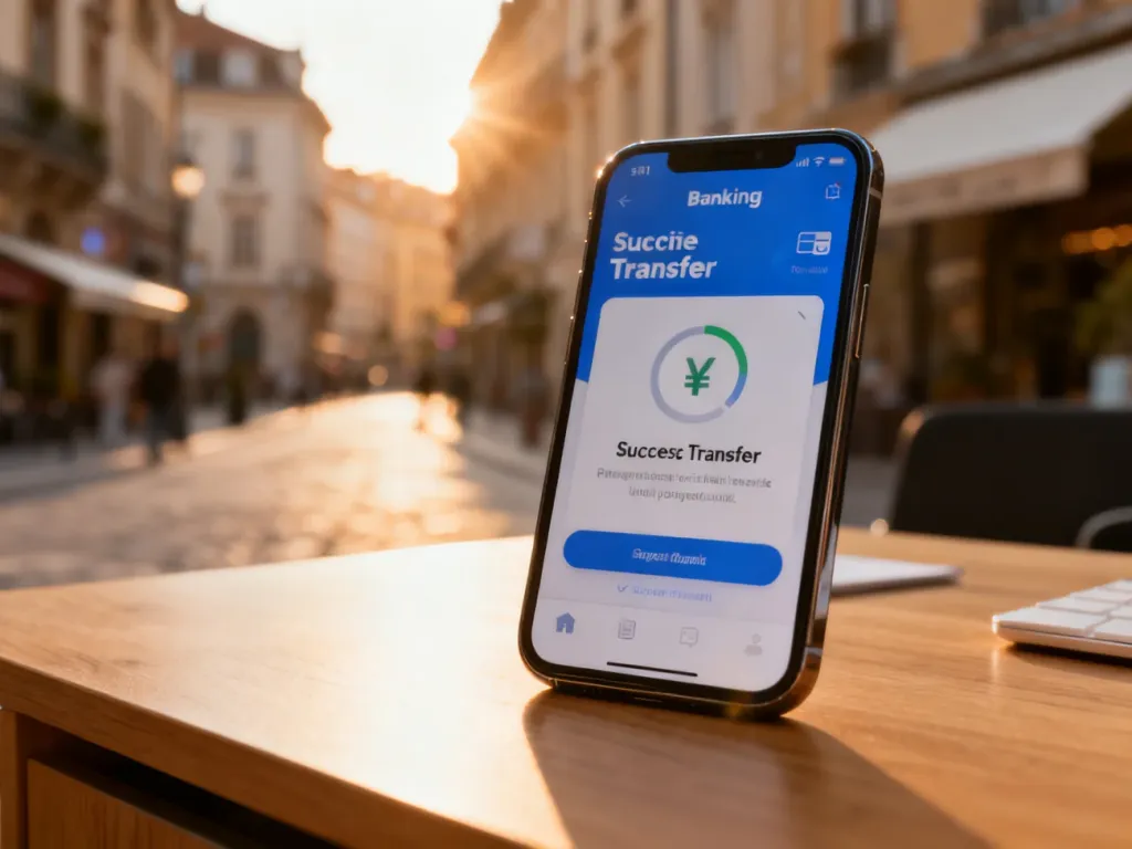 Smartfon z aplikacją bankową na drewnianym biurku, sygnalizujący pomyślne zakończenie międzynarodowego przelewu.