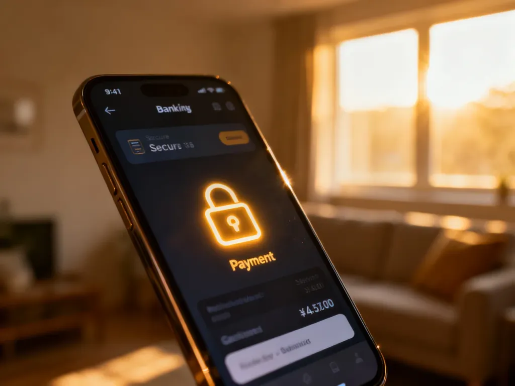 Smartfon z otwartą aplikacją bankową, gotowy do płatności BLIK, w ciepłym świetle słonecznym.