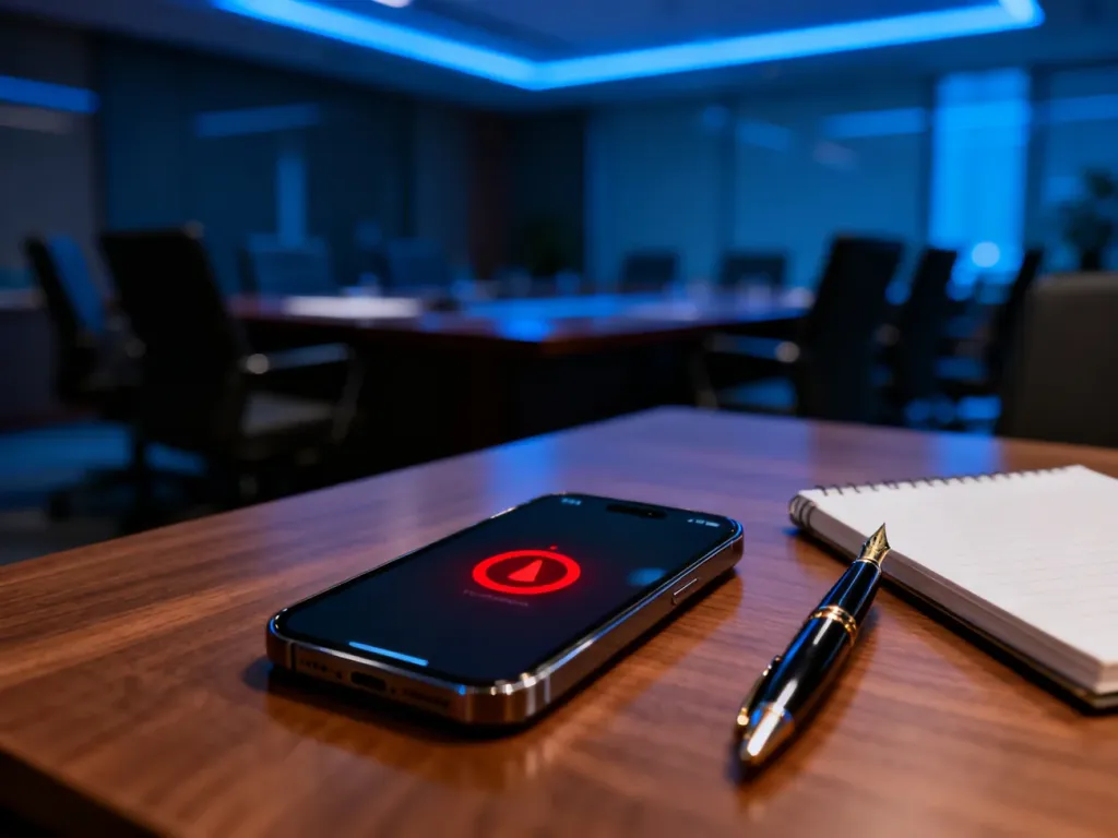Smartfon z czerwoną ikoną alertu na biurku, symbolizujący pilne powiadomienie w zarządzaniu kryzysowym firmy.