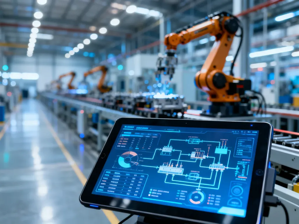 Tablet z wykresami produkcji na tle nowoczesnej hali fabrycznej z robotami, obrazujący cyfrowe zarządzanie procesami.