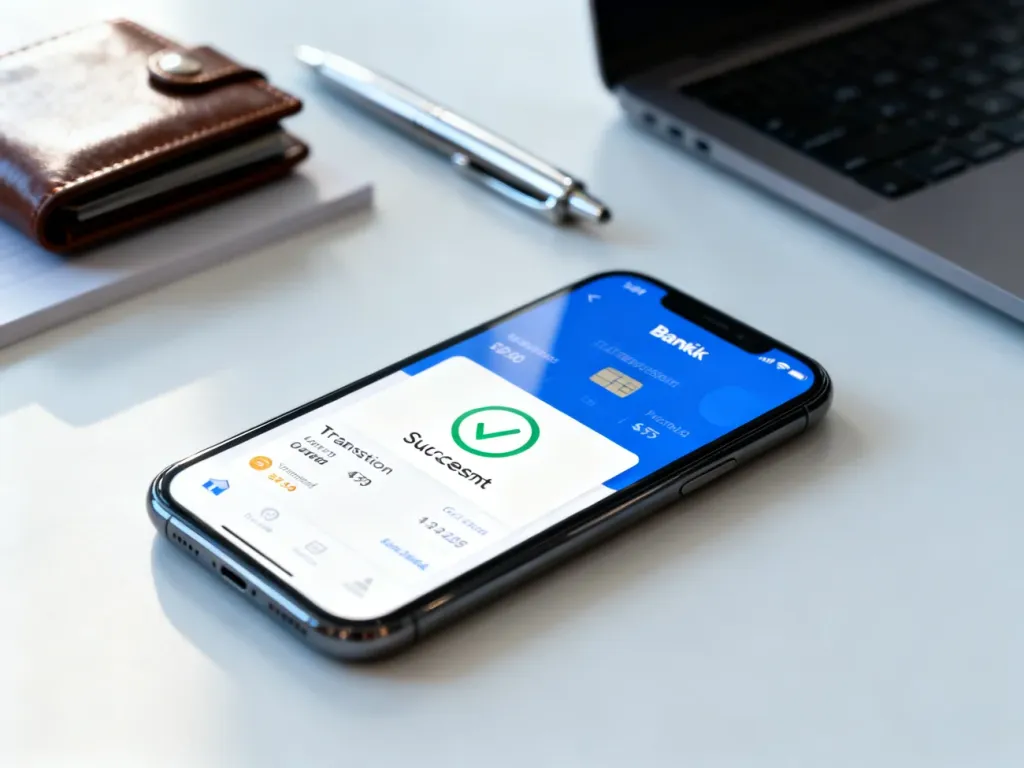 Ekran smartfona z potwierdzeniem udanej transakcji w aplikacji bankowej na tle biurka.