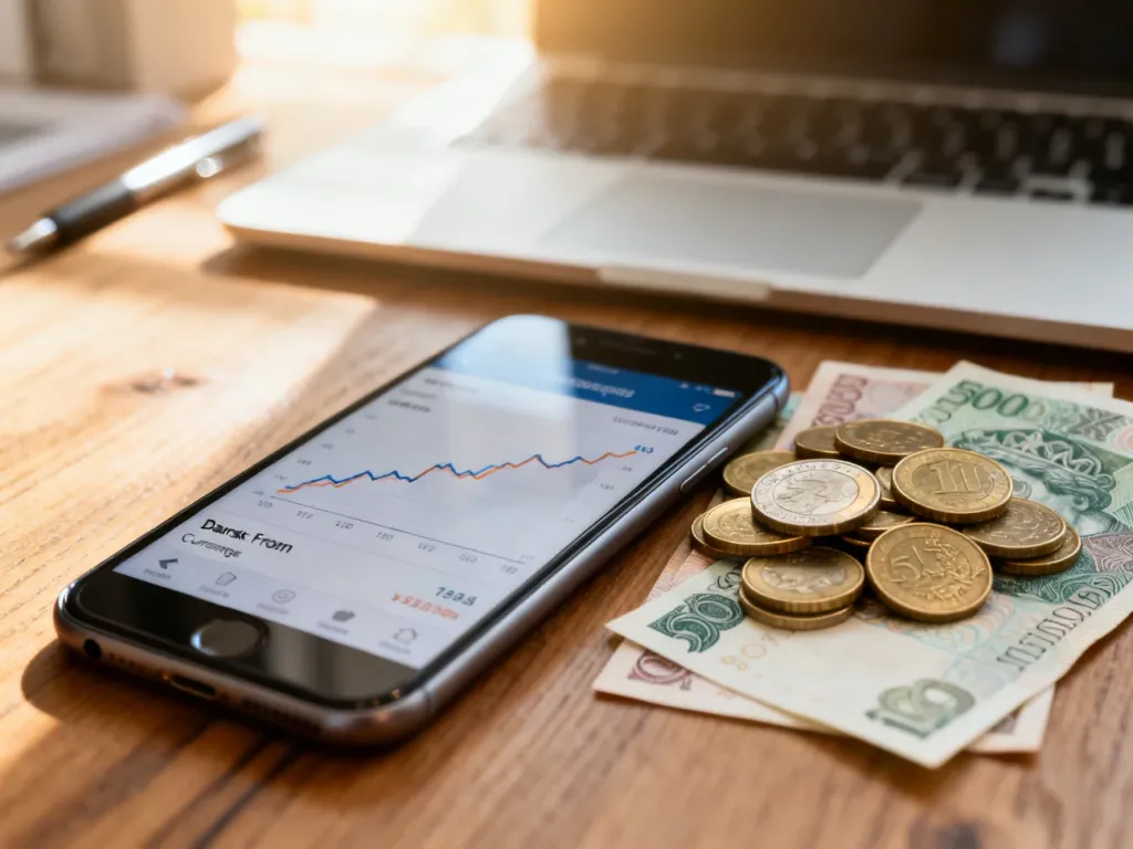 Smartfon z aplikacją do przeliczania walut leżący na biurku obok duńskich monet i polskich banknotów.