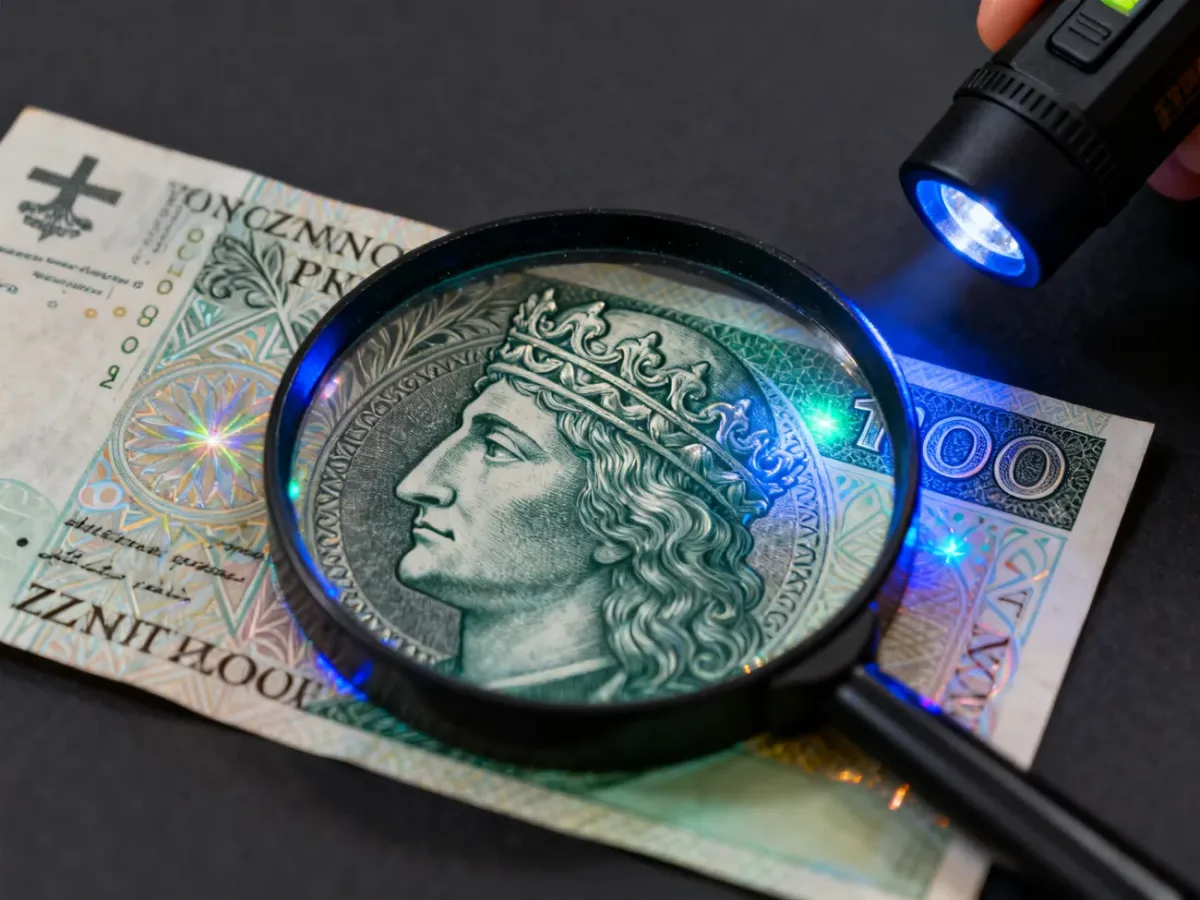 Sprawdzanie zabezpieczeń banknotu 100 zł za pomocą lupy i lampy UV