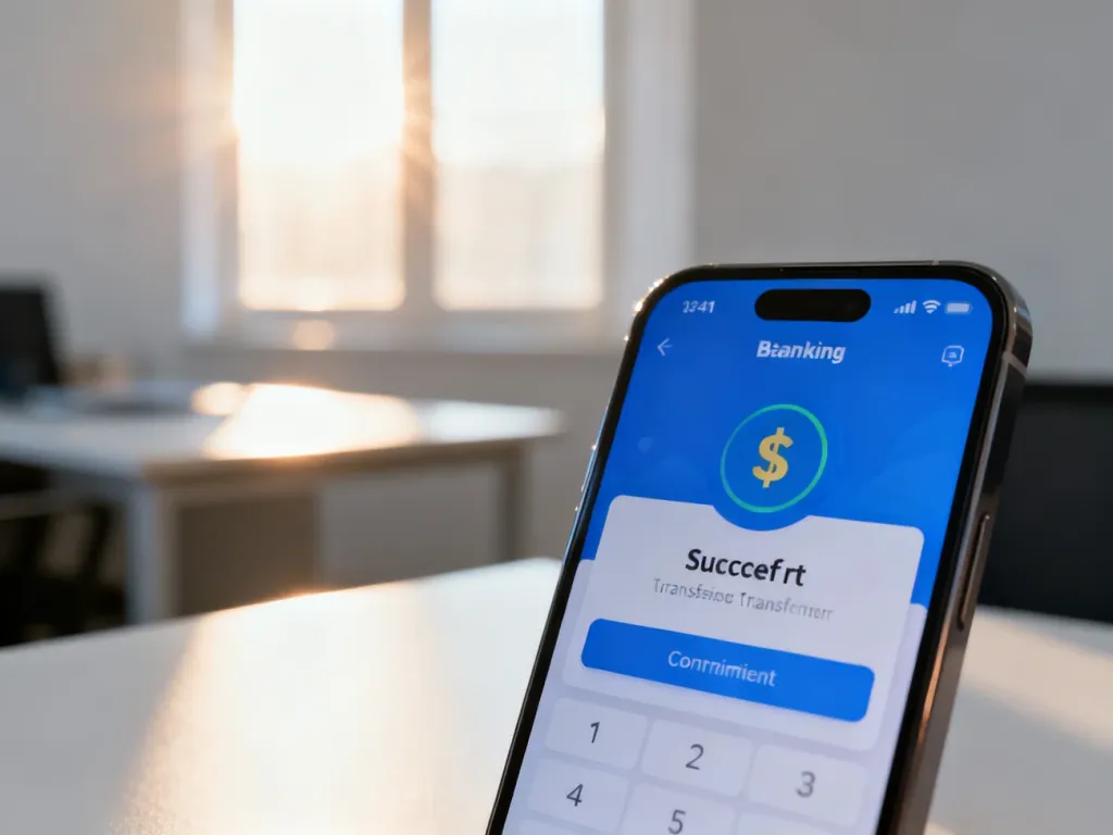 Ekran smartfona z potwierdzeniem udanego przelewu bankowego w nowoczesnej aplikacji finansowej.