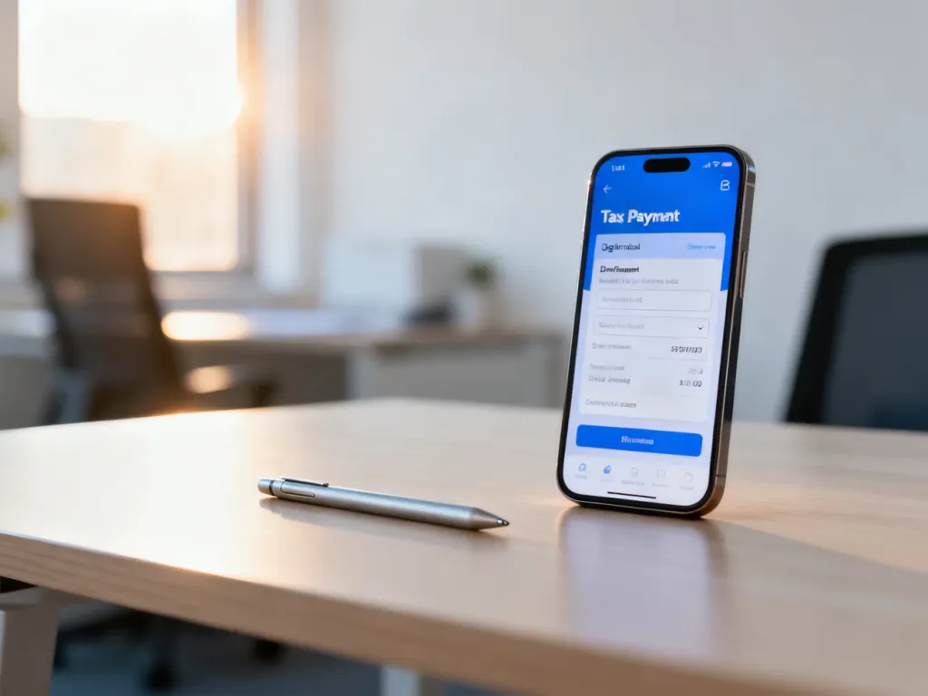 Smartfon z otwartym formularzem płatności podatkowej na drewnianym biurku, symbolizujący wygodne rozliczenia online.