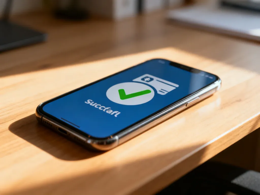 Ekran smartfona z ikoną zatwierdzonego przelewu bankowego, symbolizującą udaną transakcję finansową.