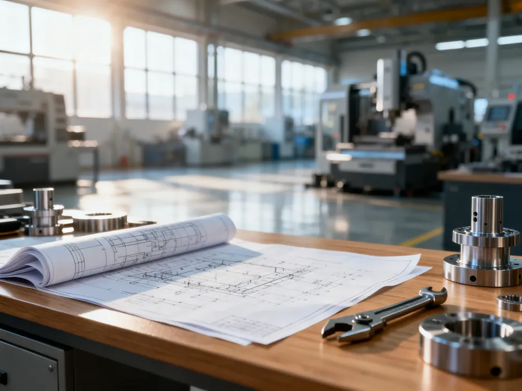 Nowoczesne stanowisko pracy w hali produkcyjnej z planami technicznymi i częściami metalowymi, gotowe do rozpoczęcia produkcji.