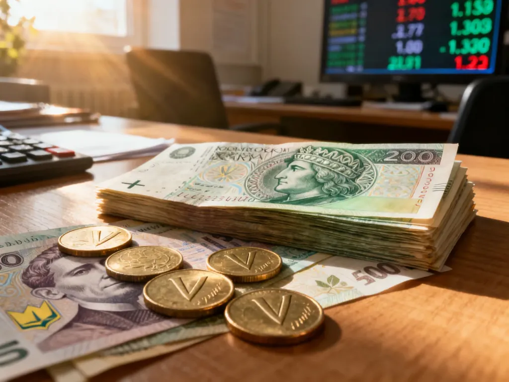 Stos polskich banknotów i ukraińskich hrywien na biurku, ilustrujący wymianę walut.