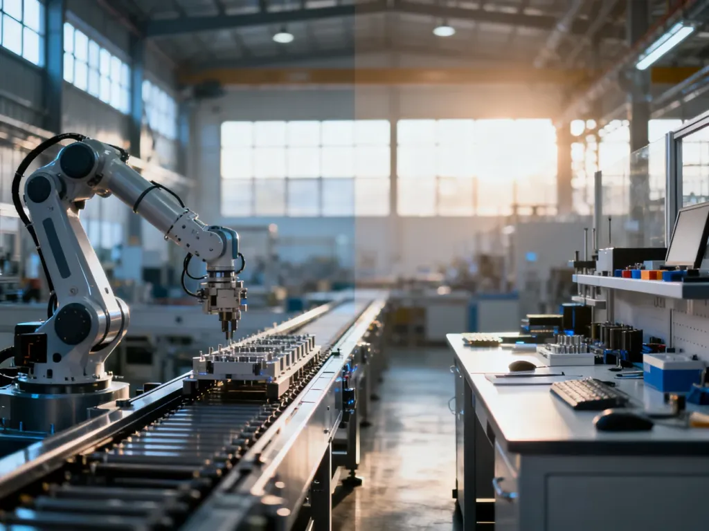 Nowoczesna hala produkcyjna z automatyczną linią zrobotyzowaną oraz stanowiskiem manualnym, obrazująca wybór modelu produkcji.
