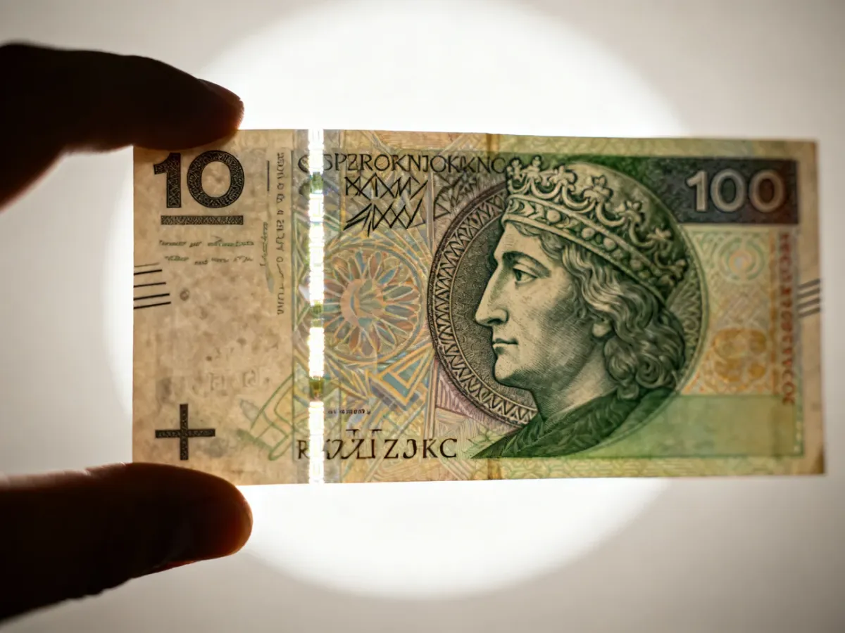 Banknot 100 zł oglądany pod światło w celu sprawdzenia znaku wodnego i nitki zabezpieczającej