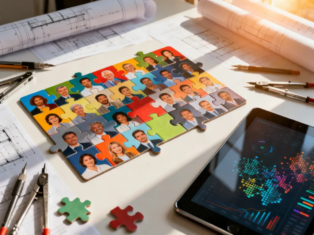 Układanka z puzzli na biurku, symbolizująca różne profile klientów, obok tabletu z danymi i narzędzi do planowania strategii.