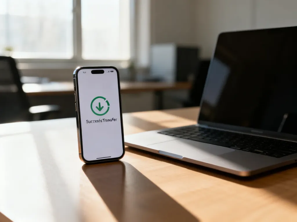 Smartfon z ikoną udanego przelewu leżący na biurku, symbolizujący szybkie i nowoczesne płatności bankowe.