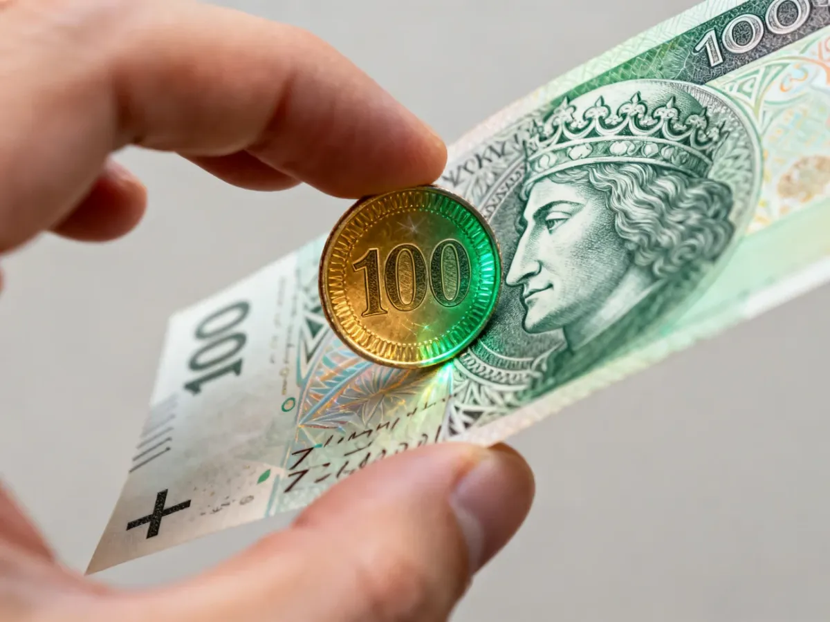 Przechylanie banknotu 100 zł w celu obserwacji zmiany koloru rozety