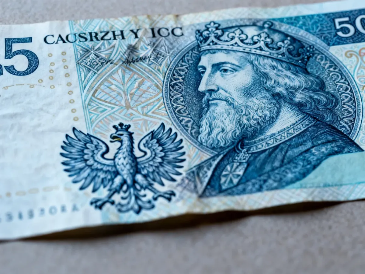 Zbliżenie niebieskiego banknotu 50 zł z portretem Kazimierza Wielkiego i gotyckimi motywami