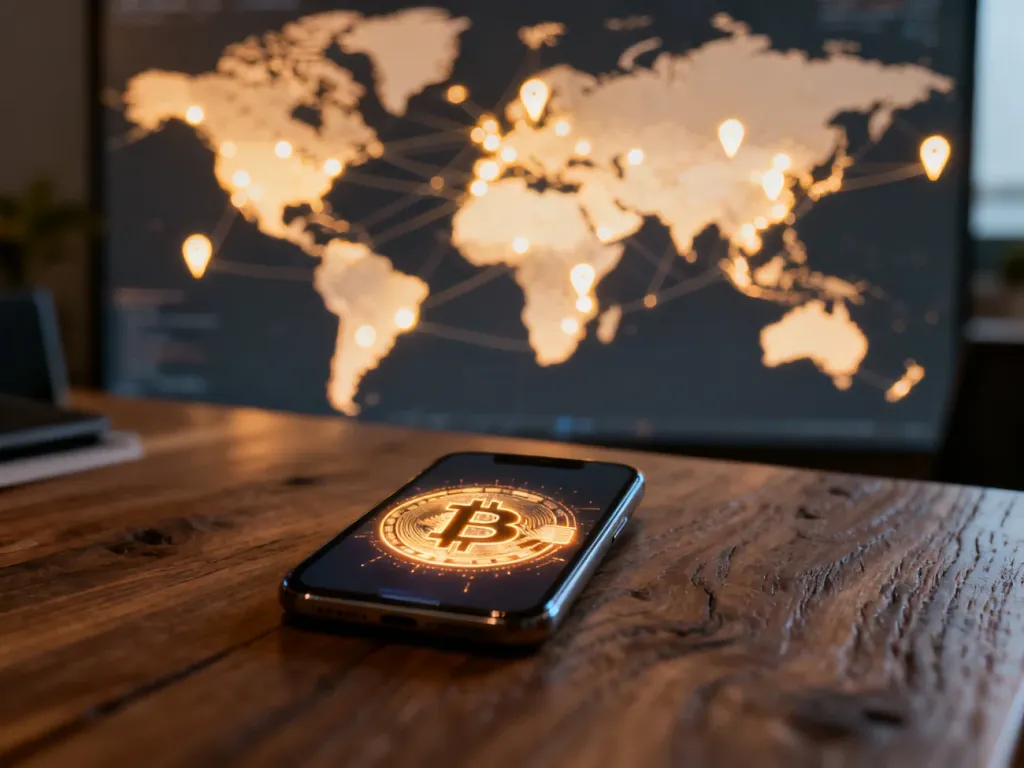 Smartfon z ikoną płatności cyfrowych na tle podświetlanej mapy świata, symbolizujący globalne możliwości płatności BLIK.