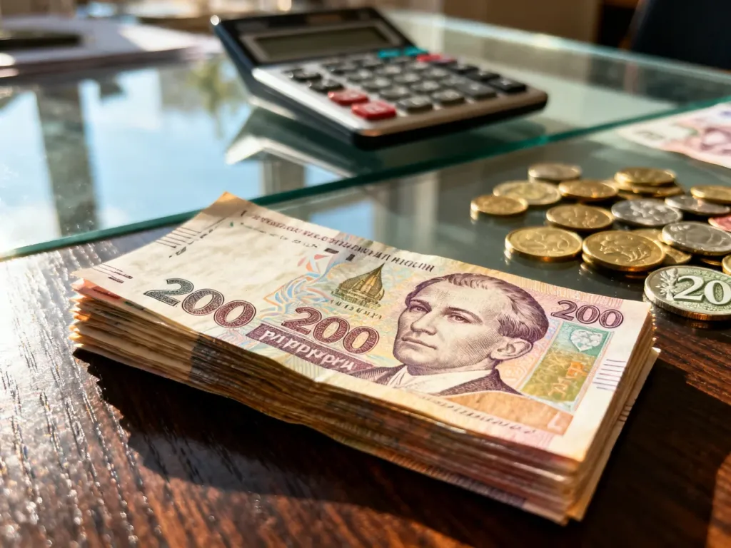 Stos banknotów 200 hrywien na drewnianym stole obok kalkulatora i polskich monet, ilustrujący przelicznik walut.