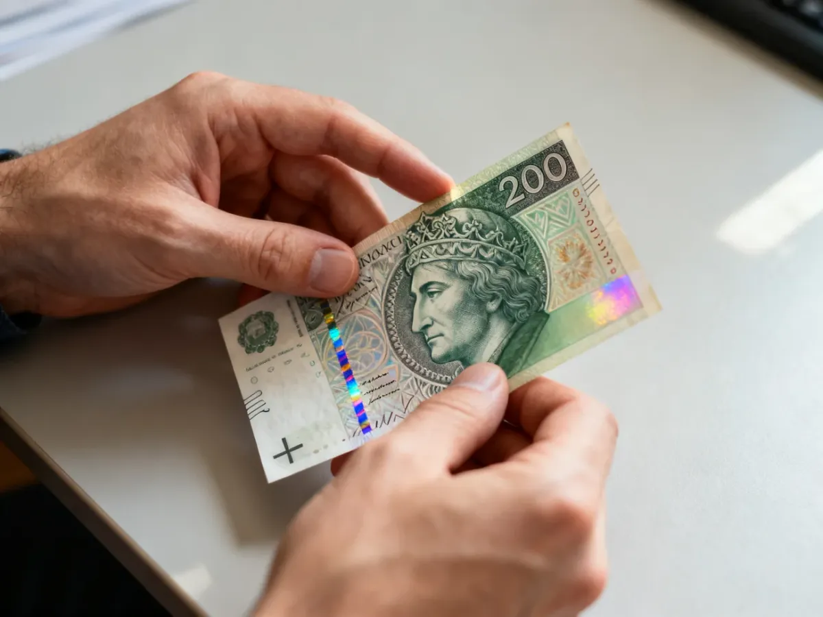 Osoba sprawdzająca autentyczność banknotu 200 zł w dłoniach