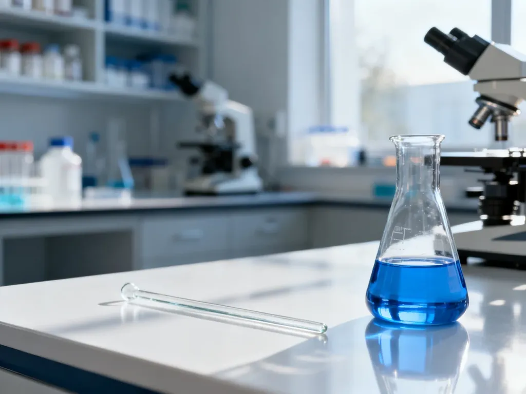 Profesjonalne stanowisko laboratoryjne ze zlewką z niebieskim płynem, mikroskopami i odczynnikami w tle.