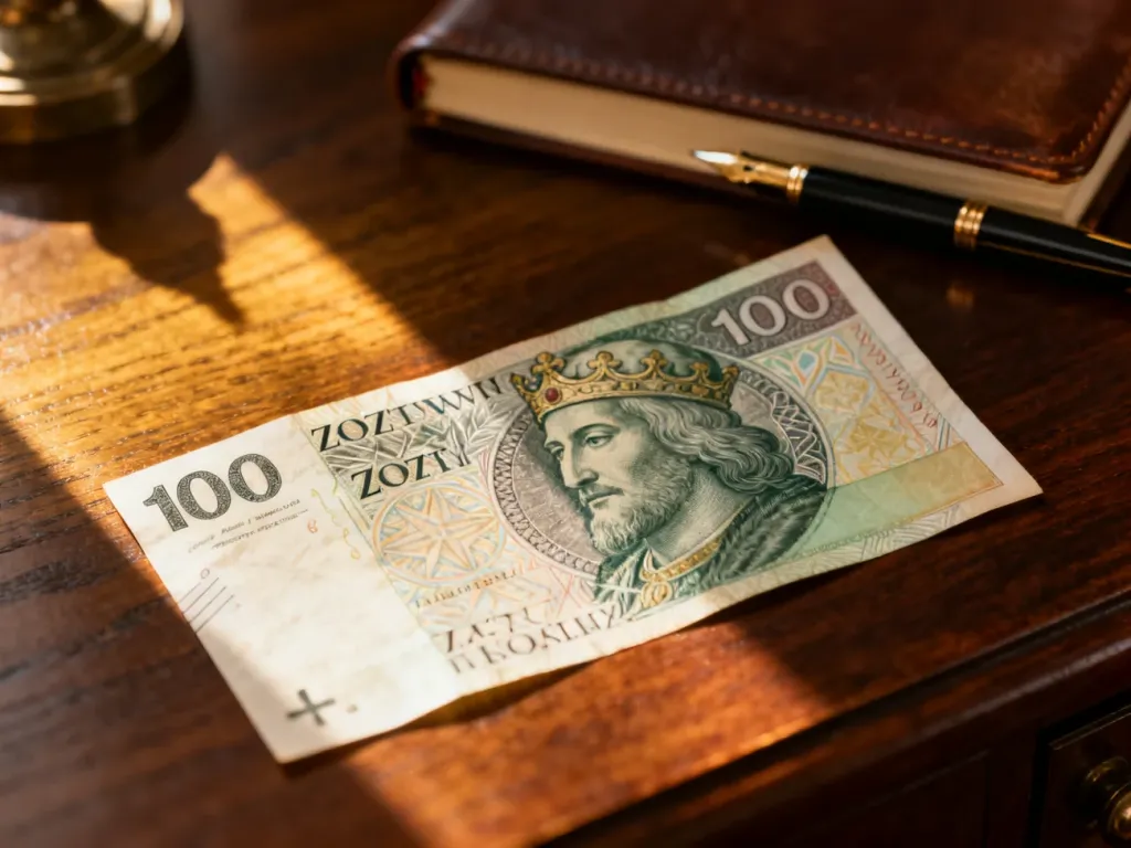 Banknot 100 zł z wizerunkiem króla Władysława II Jagiełły leżący na drewnianym biurku obok pióra i notatnika.