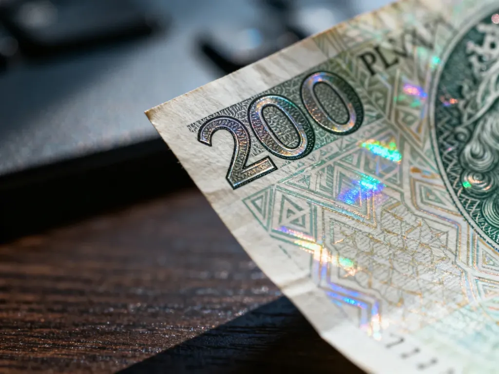 Zbliżenie na detale zabezpieczeń banknotu 200 zł, w tym hologramy i mikrodruk, ukazujące autentyczność waluty.