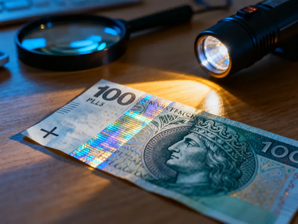 Zbliżenie na banknot 100 zł z widocznym hologramem, lupą i lampą UV, ilustrujące proces sprawdzania autentyczności pieniędzy.