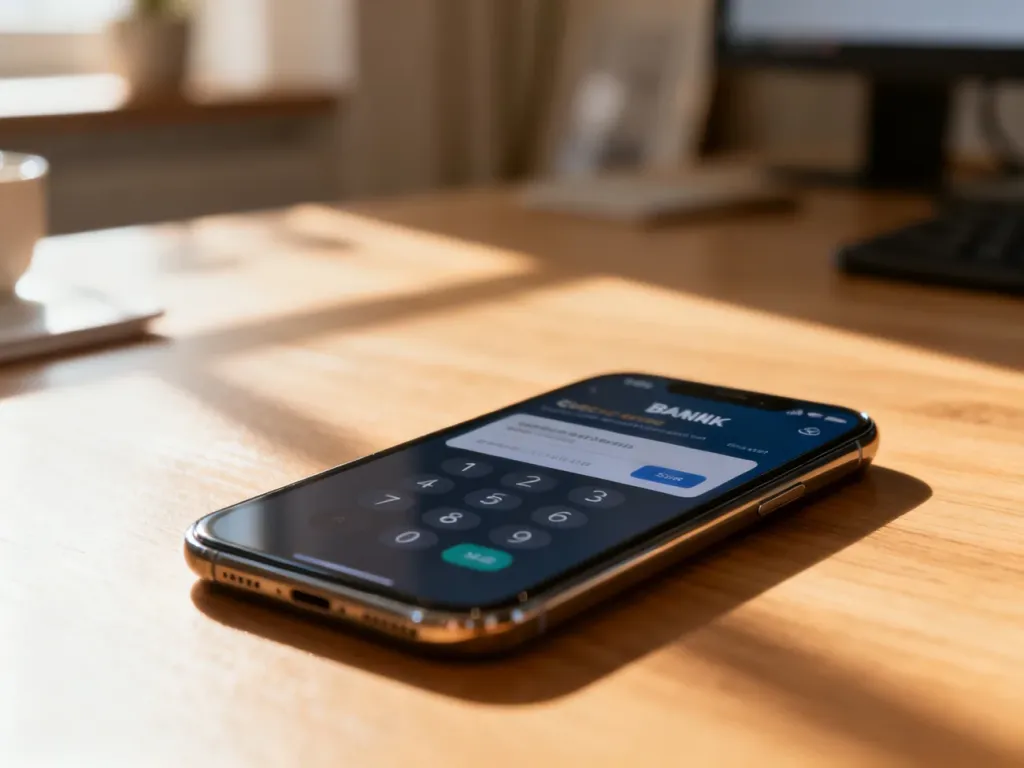 Smartfon z otwartą aplikacją bankową na drewnianym biurku, symbolizujący proces zarządzania ustawieniami konta.