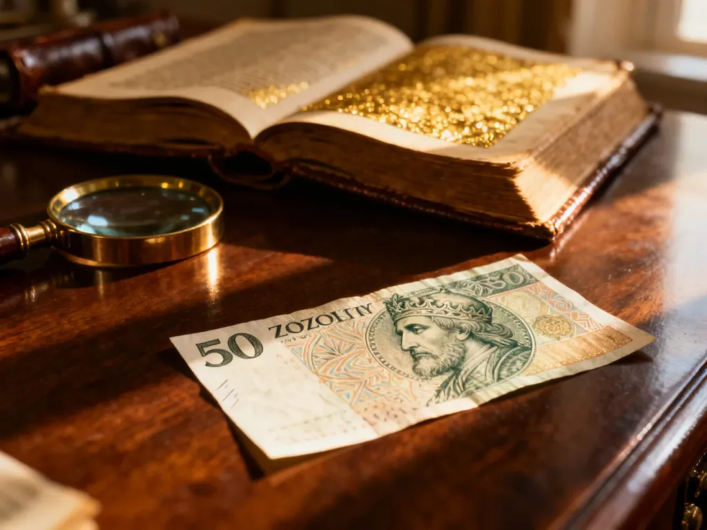 Banknot 50 złotych leżący na drewnianym biurku w otoczeniu antycznej lupy i starej księgi.