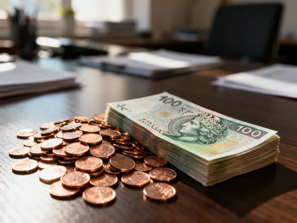 Stos banknotów o nominale 100 zł obok pokaźnej sterty monet na drewnianym stole, ilustrujący przelicznik waluty.