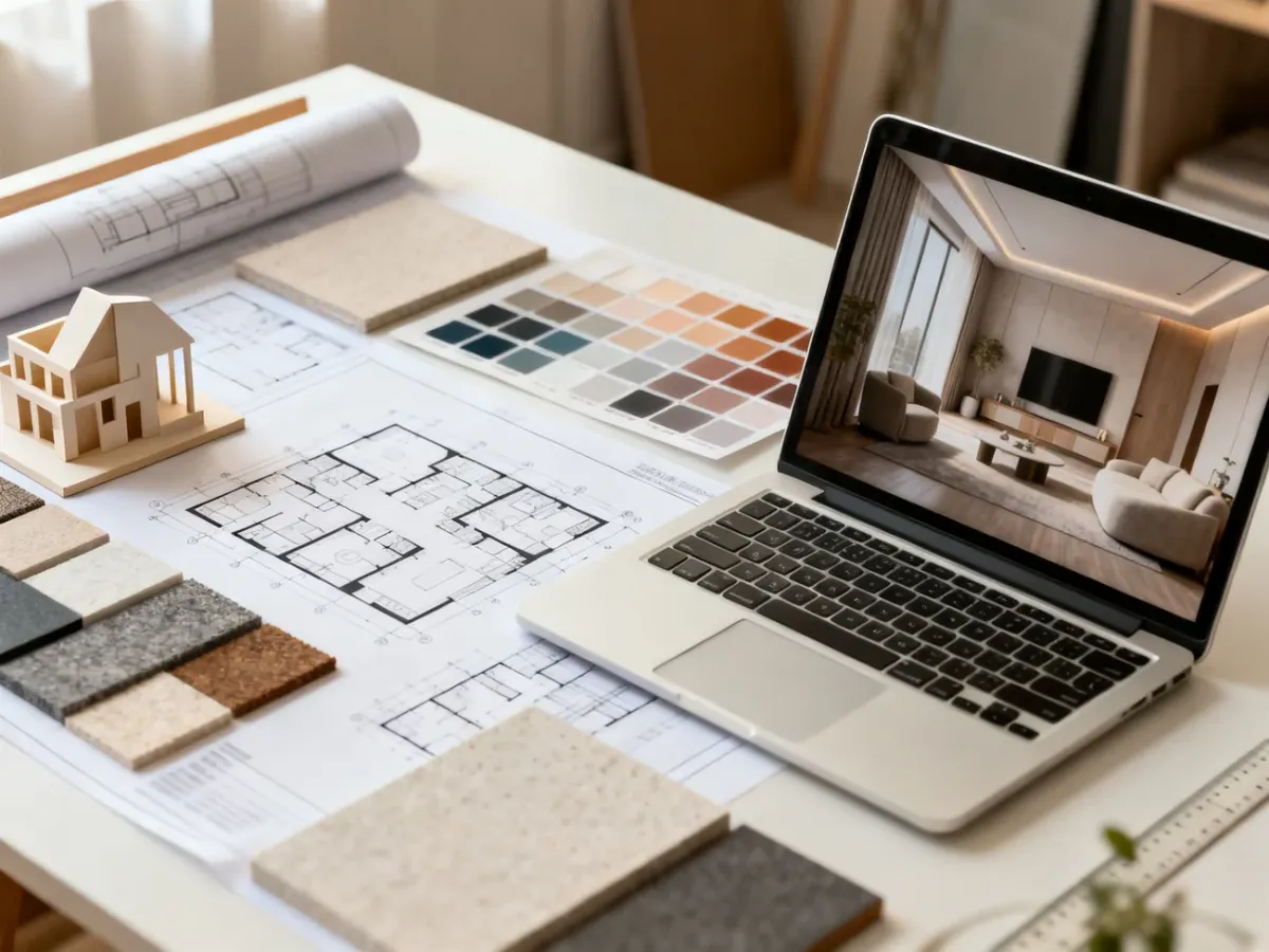 Portfolio projektanta wnętrz z rzutami, próbkami materiałów i wizualizacją