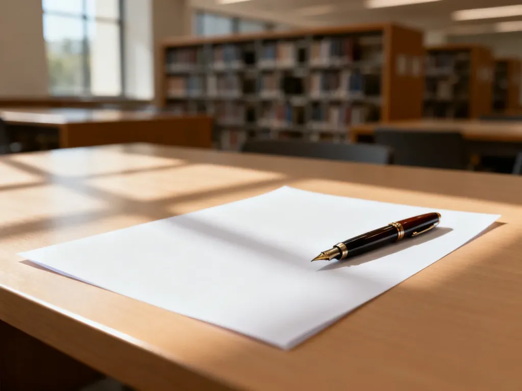 Czysta kartka papieru z piórem na drewnianym biurku w tle biblioteki, symbolizująca przygotowania do pisania dokumentów.