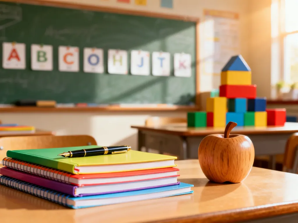 Uporządkowane biurko nauczyciela edukacji wczesnoszkolnej z przyborami szkolnymi w przyjaznym, słonecznym wnętrzu klasy.